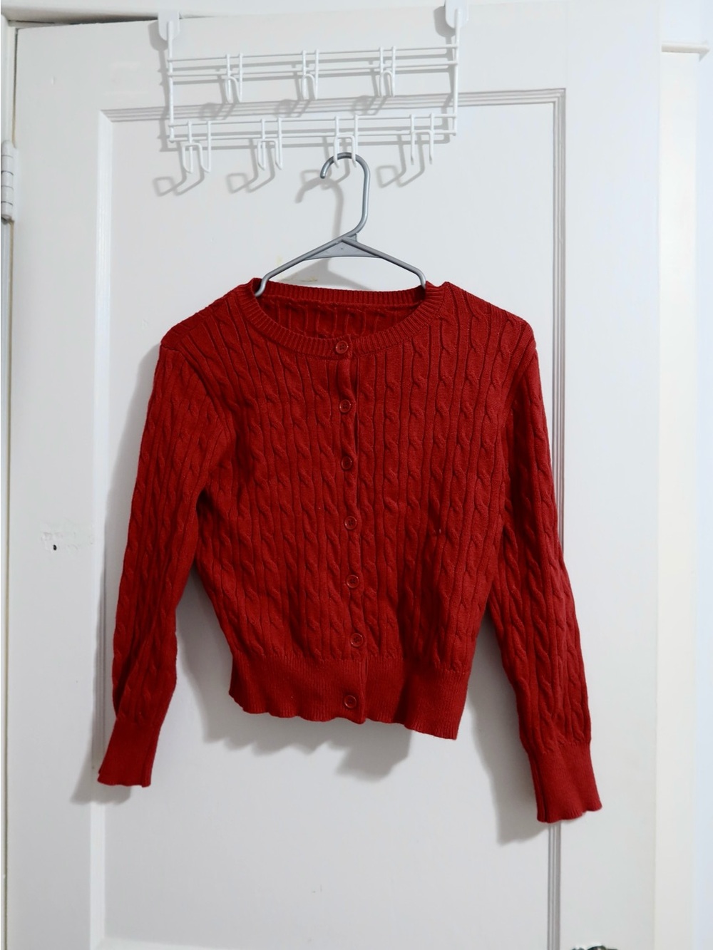 Women’s Red Cable Knit Button-Front Cardigan Sweater